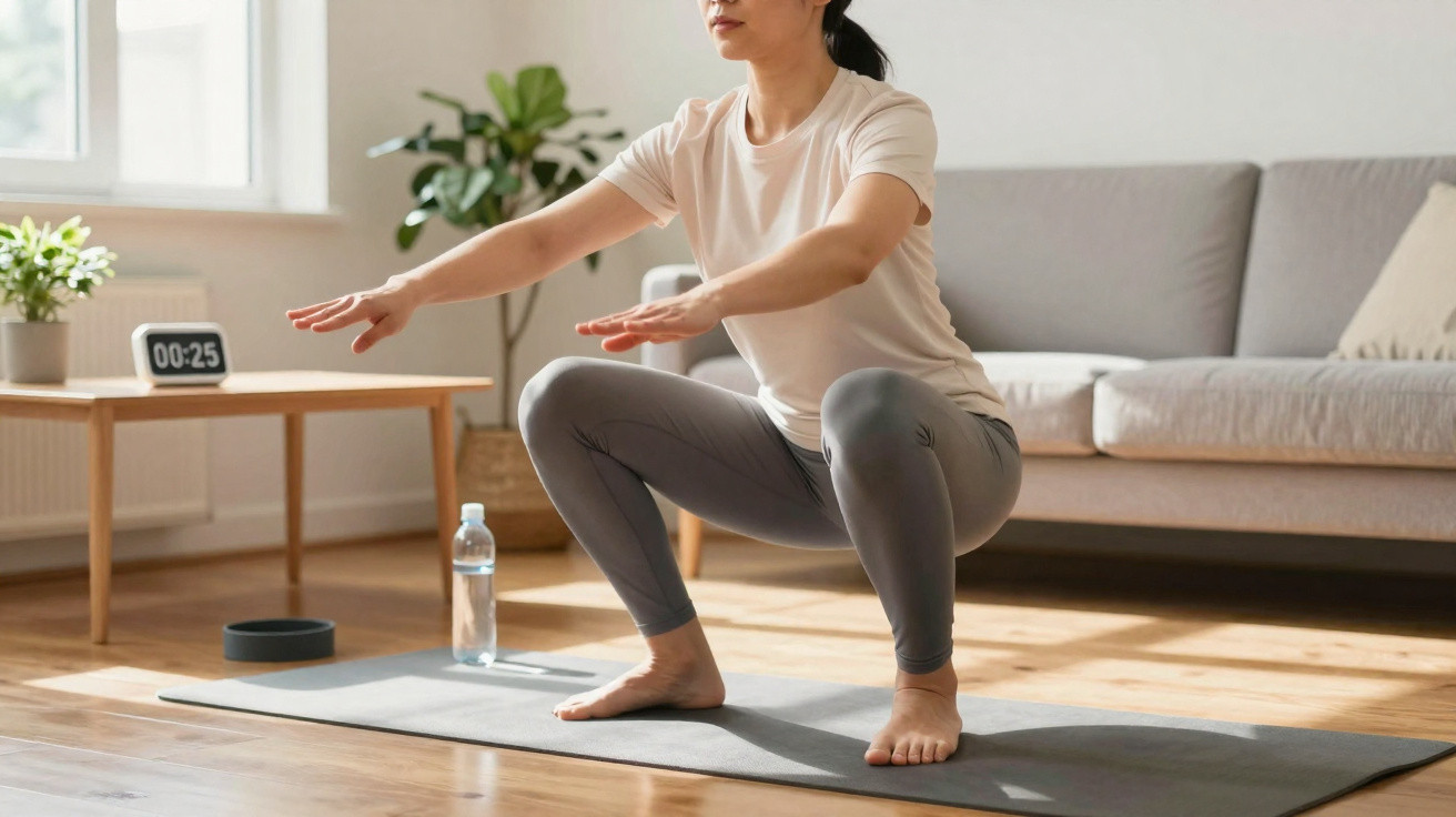 Mulher em posição de agachamento, a fazer exercício em casa numa sala iluminada e com tapete de yoga.