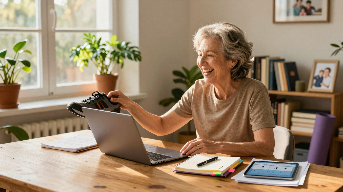 Mulher sénior sorridente segurando um ténis junto ao computador numa sala com plantas e livros.