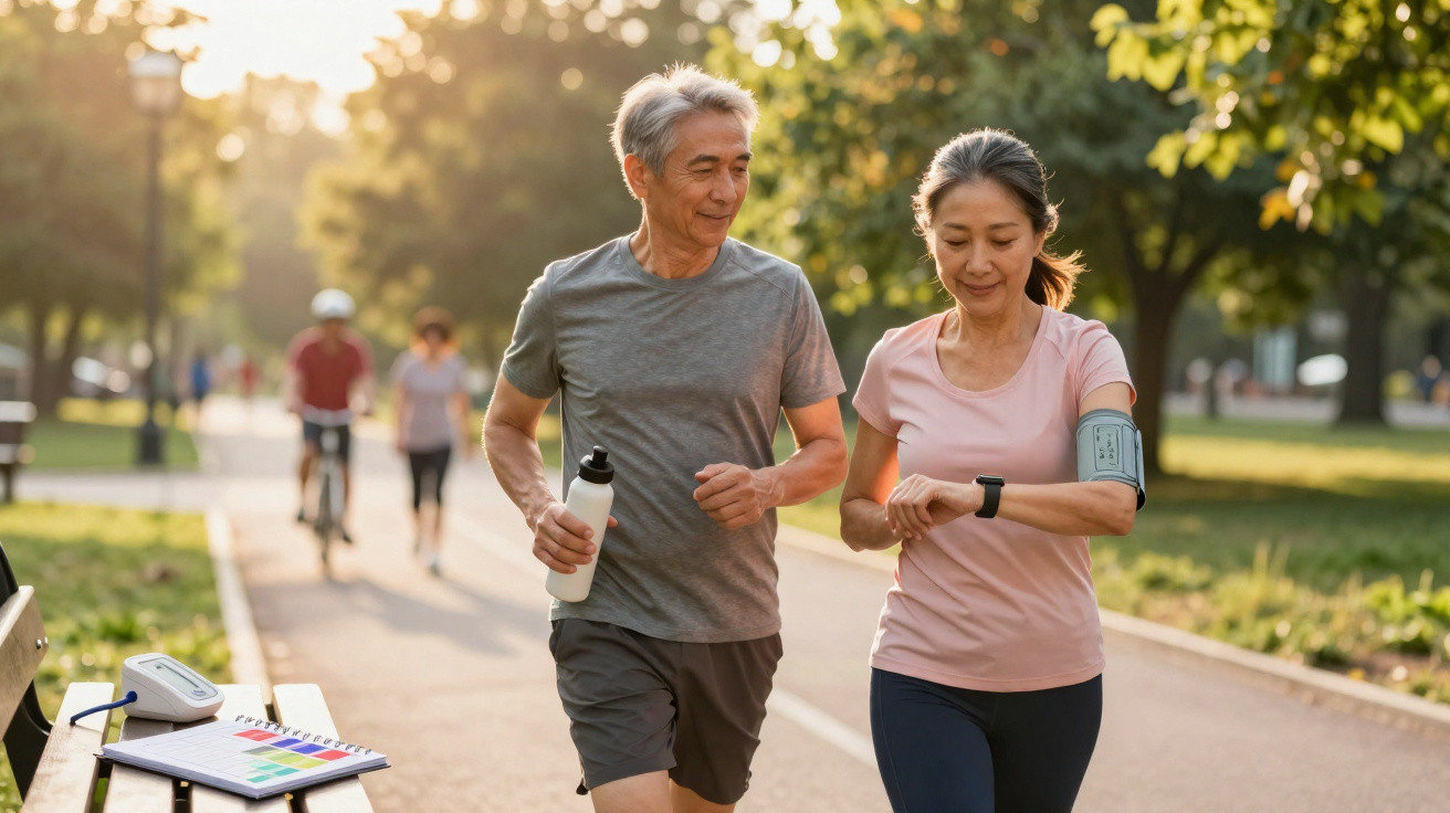 Casal sénior a correr no parque, o homem segura garrafa de água e mulher verifica smartwatch.