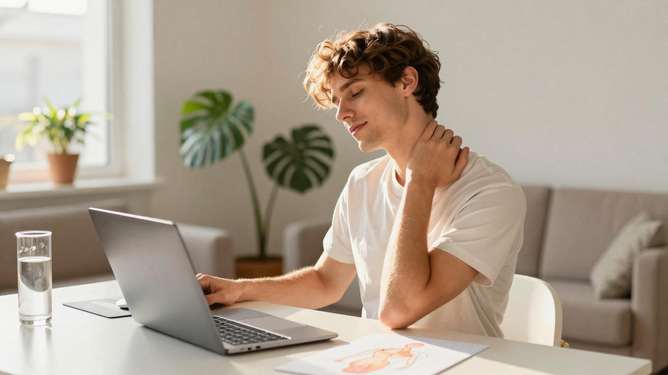Jovem sentado a trabalhar num computador portátil, com expressão de dor ao tocar o pescoço.