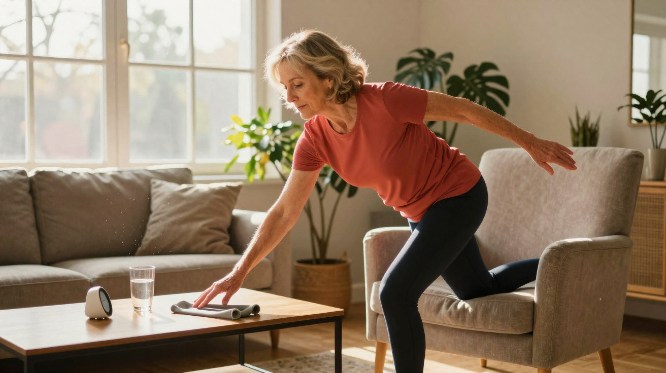 Mulher idosa a limpar mesa na sala de estar com luz natural, vestida de camiseta vermelha e leggings.