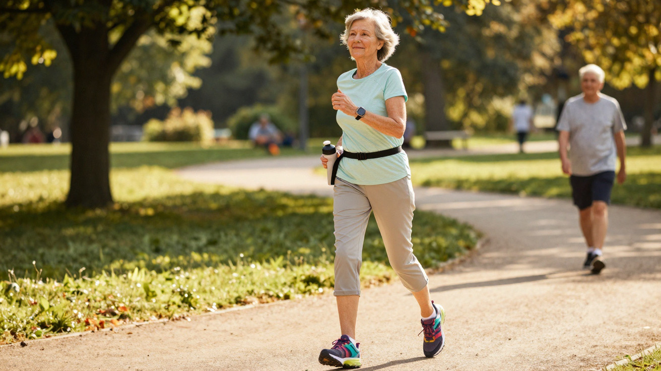 Mulher idosa a fazer jogging num parque ensolarado com outras pessoas a caminhar ao fundo.