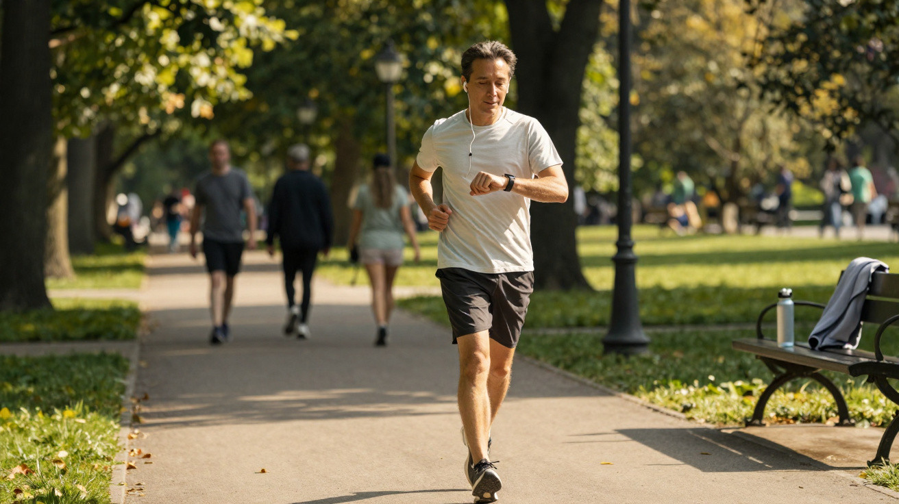Homem a correr num parque urbano com árvores e outras pessoas a passear ao fundo.