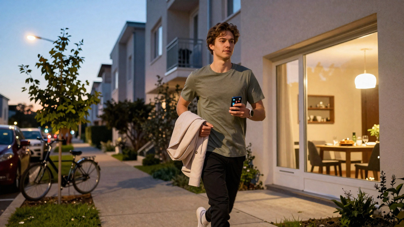 Jovem a caminhar à tarde numa rua residencial, segurando casaco e falando ao telemóvel.