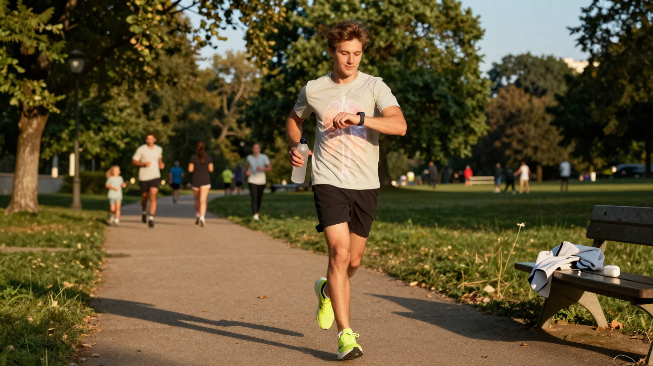 Jovem a correr num parque, a olhar para o relógio, com garrafa de água na mão, em dia solarengo.