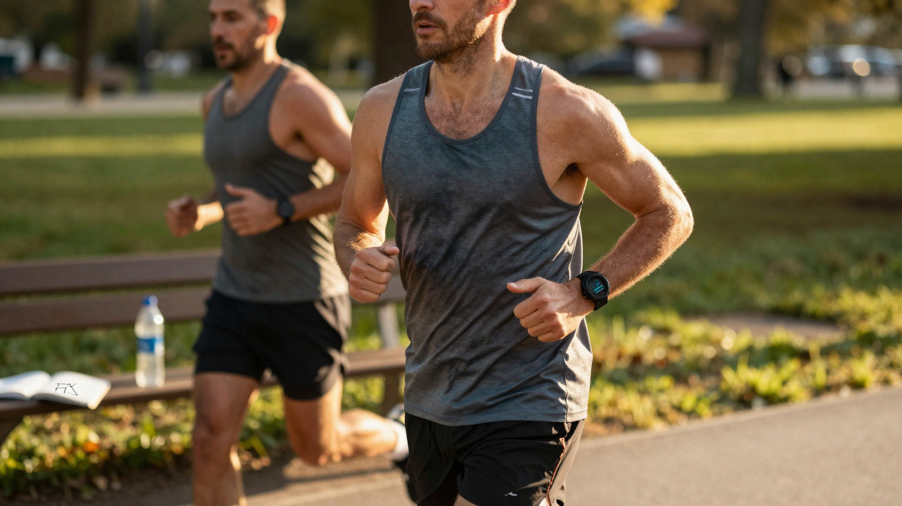 Dois homens a correr num parque ao ar livre durante o dia com roupa desportiva cinzenta e preta.