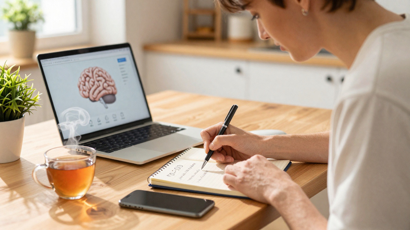 Pessoa a estudar neurociência, a escrever num caderno com portátil, chá e telemóvel numa mesa de madeira.