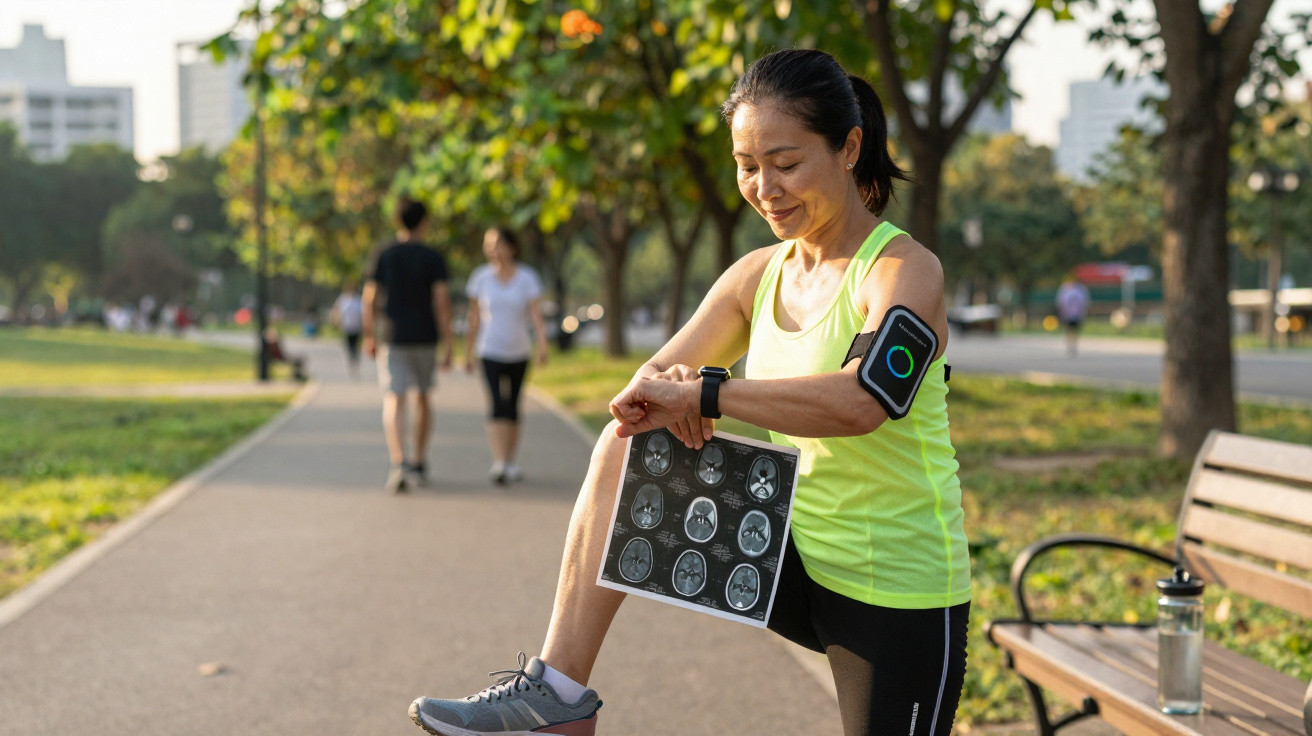 Mulher exercita-se num parque, segurando imagens de ressonância magnética do cérebro e usando acessórios de fitness.