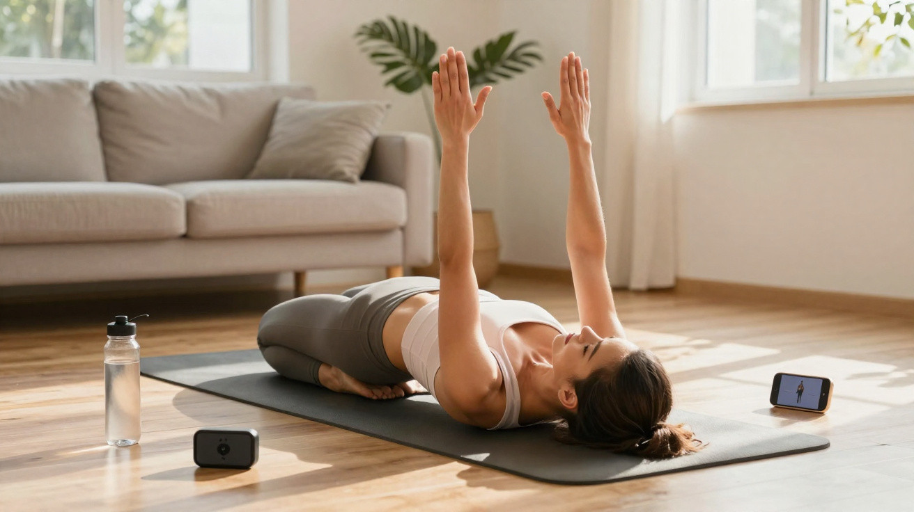Mulher a fazer yoga em tapete com braços estendidos para cima, seguindo aula no telemóvel em casa.