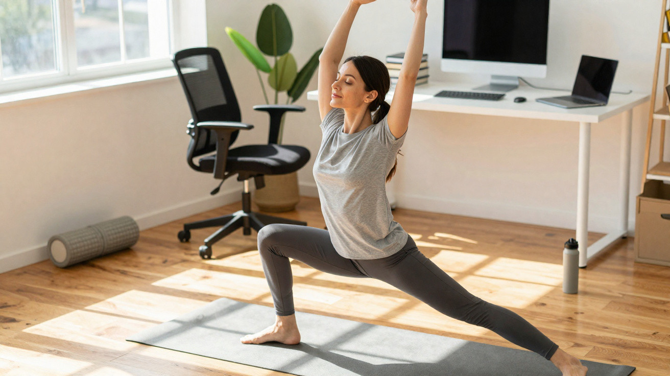 Mulher a fazer alongamentos de yoga em tapete, em escritório luminoso com cadeira e computador.