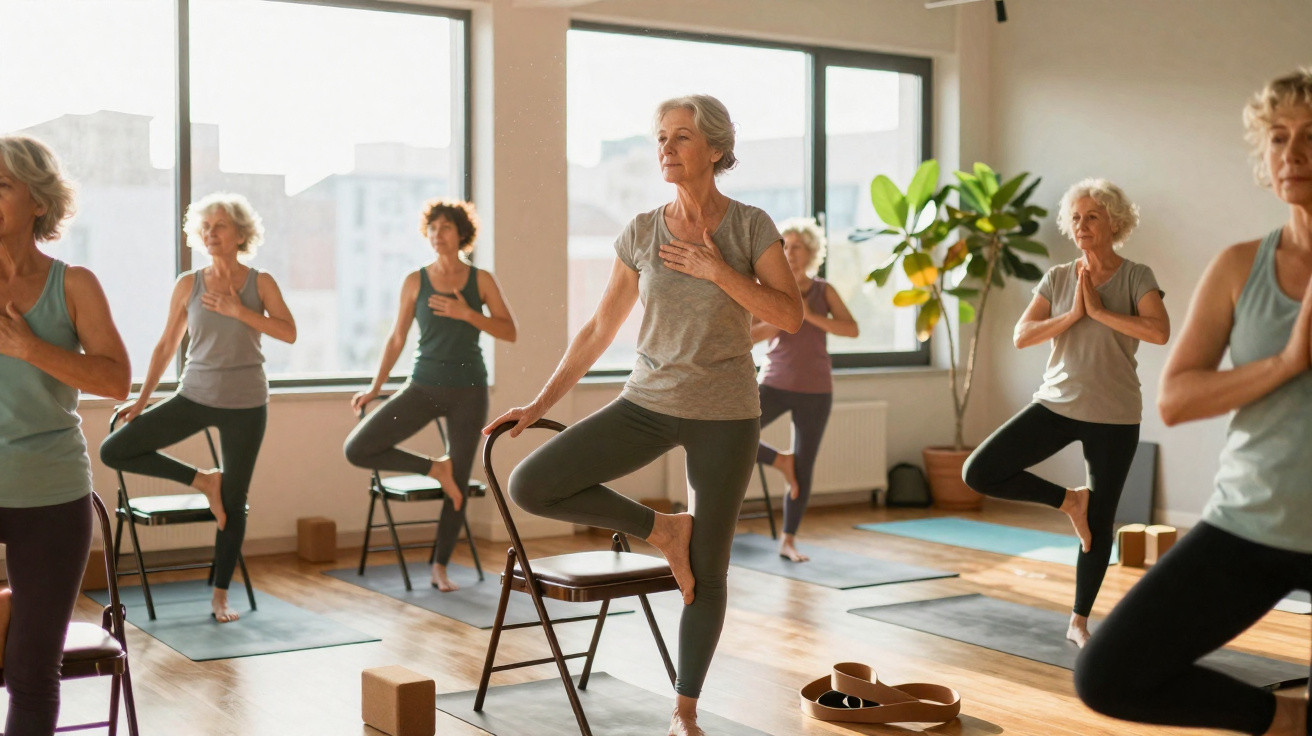 Grupo de mulheres idosas a praticar yoga com cadeiras num estúdio iluminado.