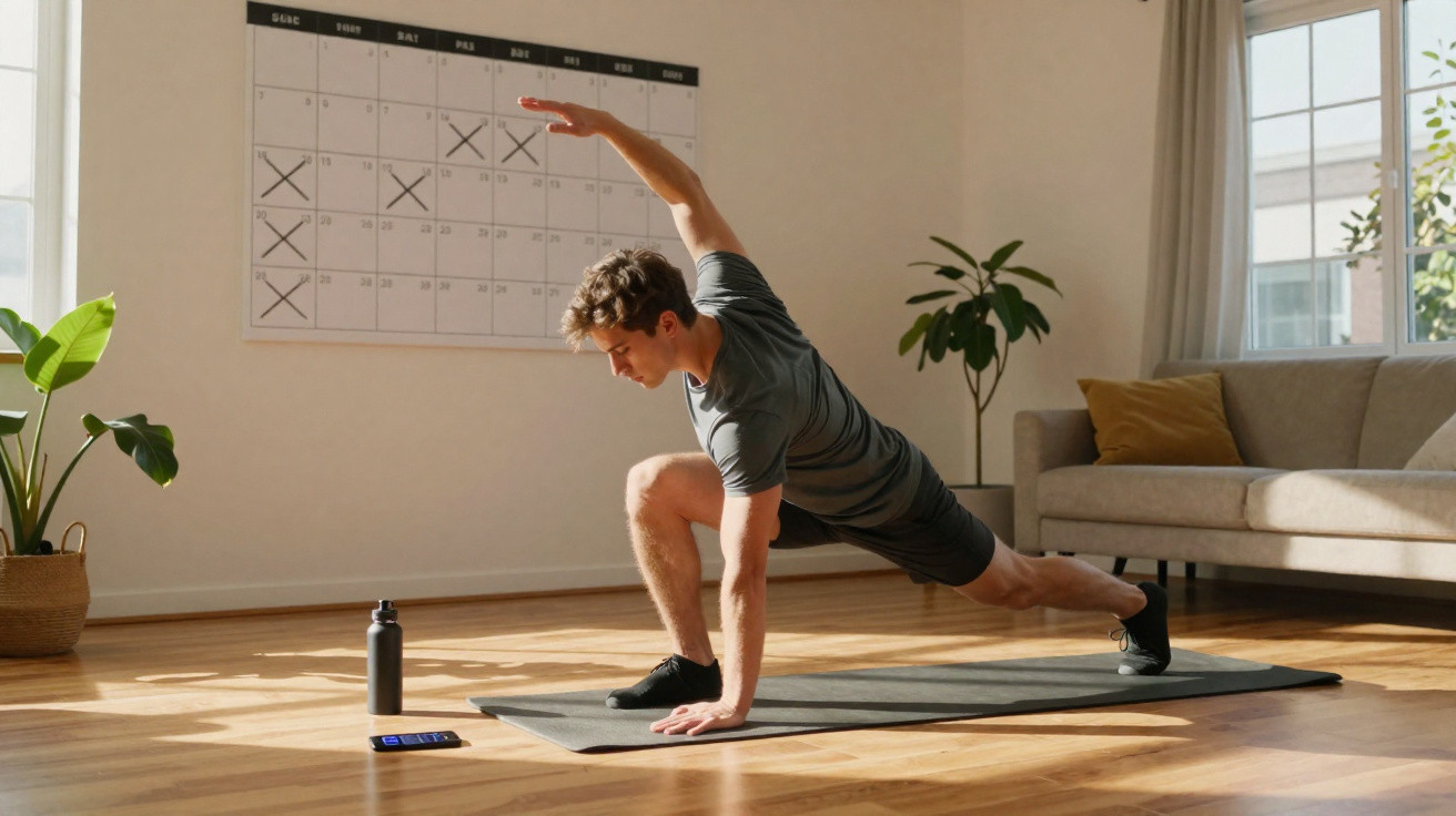 Homem a fazer alongamentos numa sala iluminada, com tapete de yoga e calendário ao fundo.