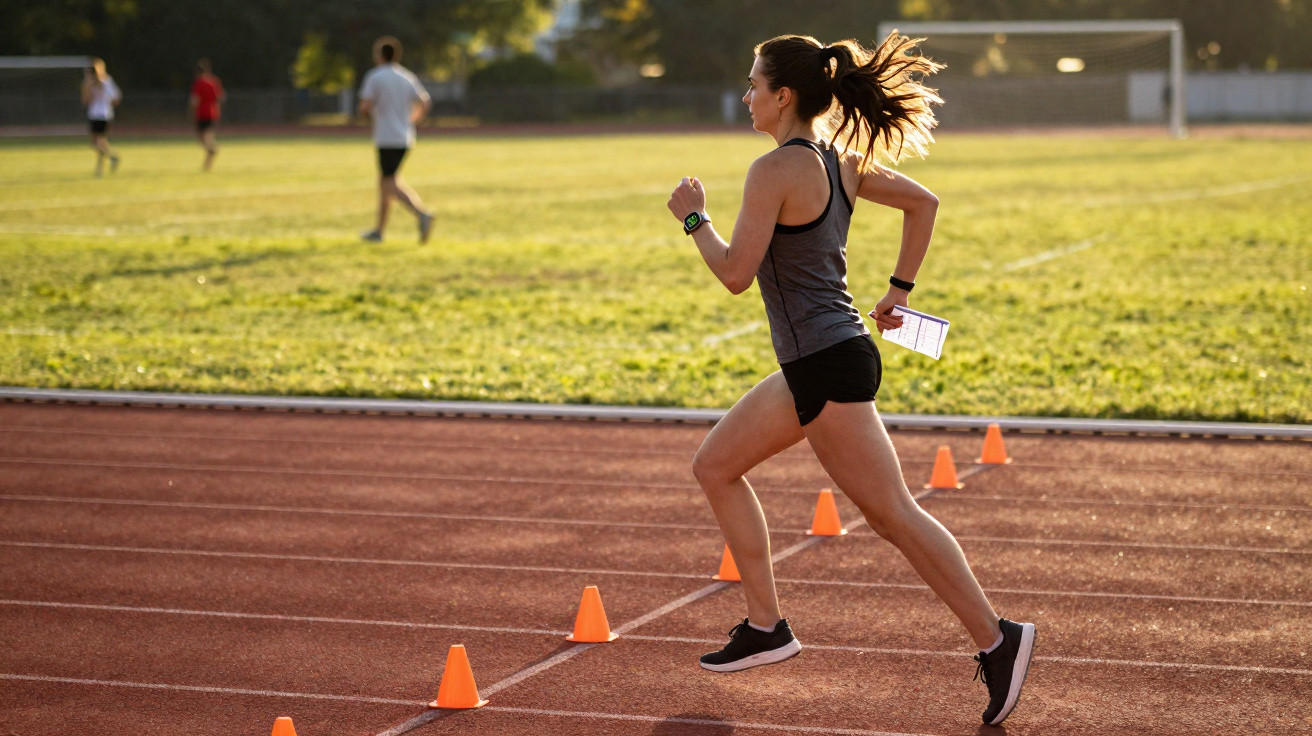 Mulher a correr numa pista de atletismo ao ar livre com cones laranja e pessoas ao fundo.