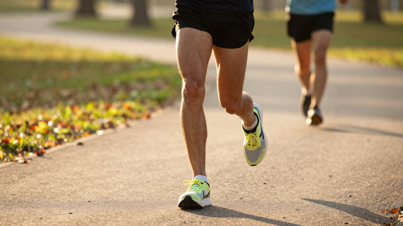 Pessoas a correr num parque, focando nas pernas e ténis durante um dia ensolarado de outono.
