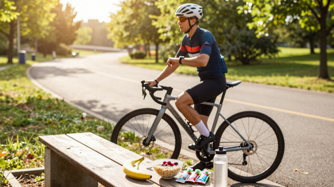 Homem de capacete e roupa de ciclismo sentado numa bicicleta junto a banco com frutas e barras energéticas.