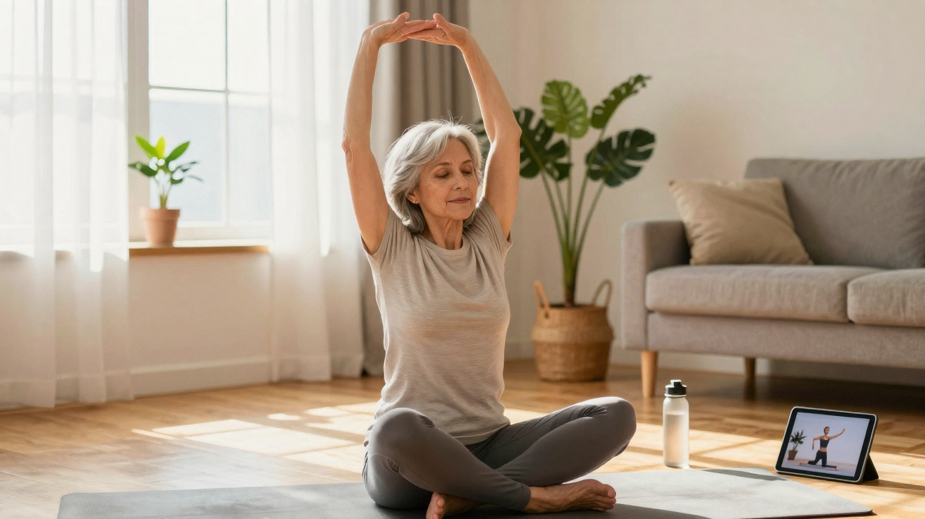 Mulher sénior a fazer exercícios de alongamento em casa com um tapete de yoga e um tablet a mostrar treino.
