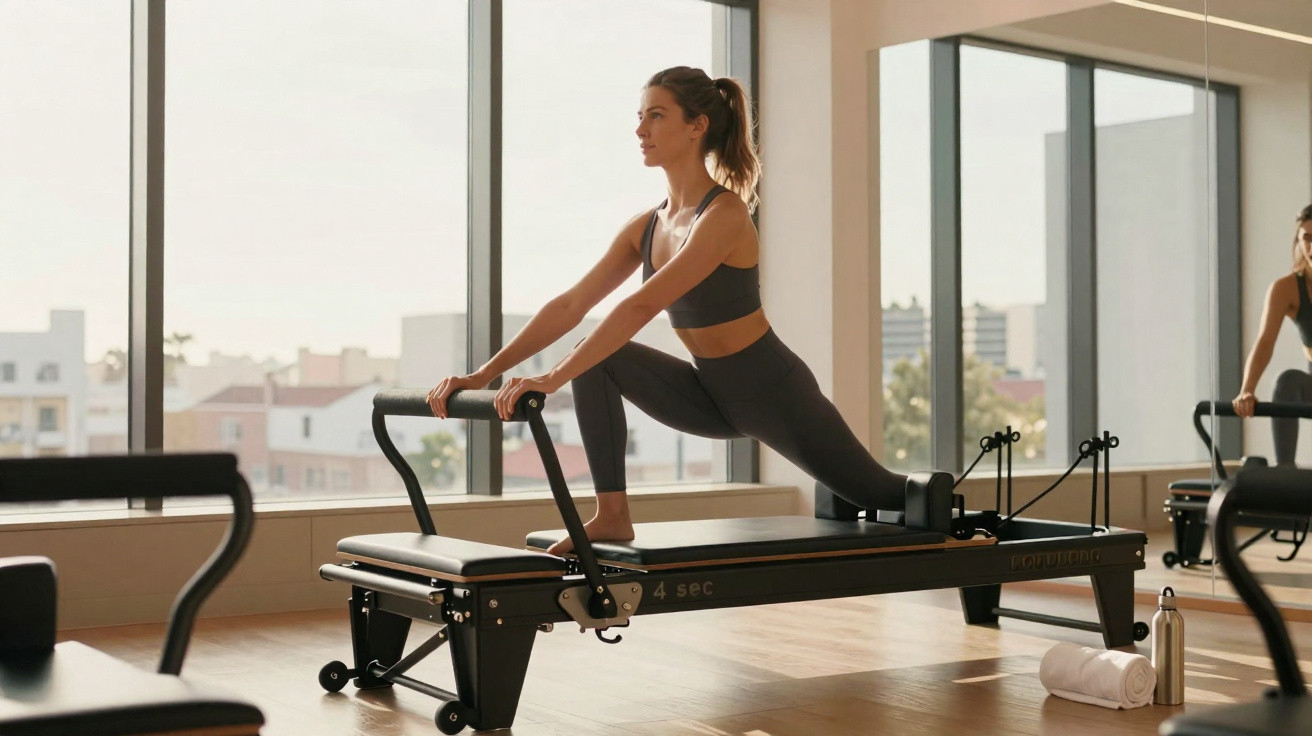 Mulher a fazer exercício de alongamento num aparelho de pilates junto a grandes janelas num ginásio iluminado.