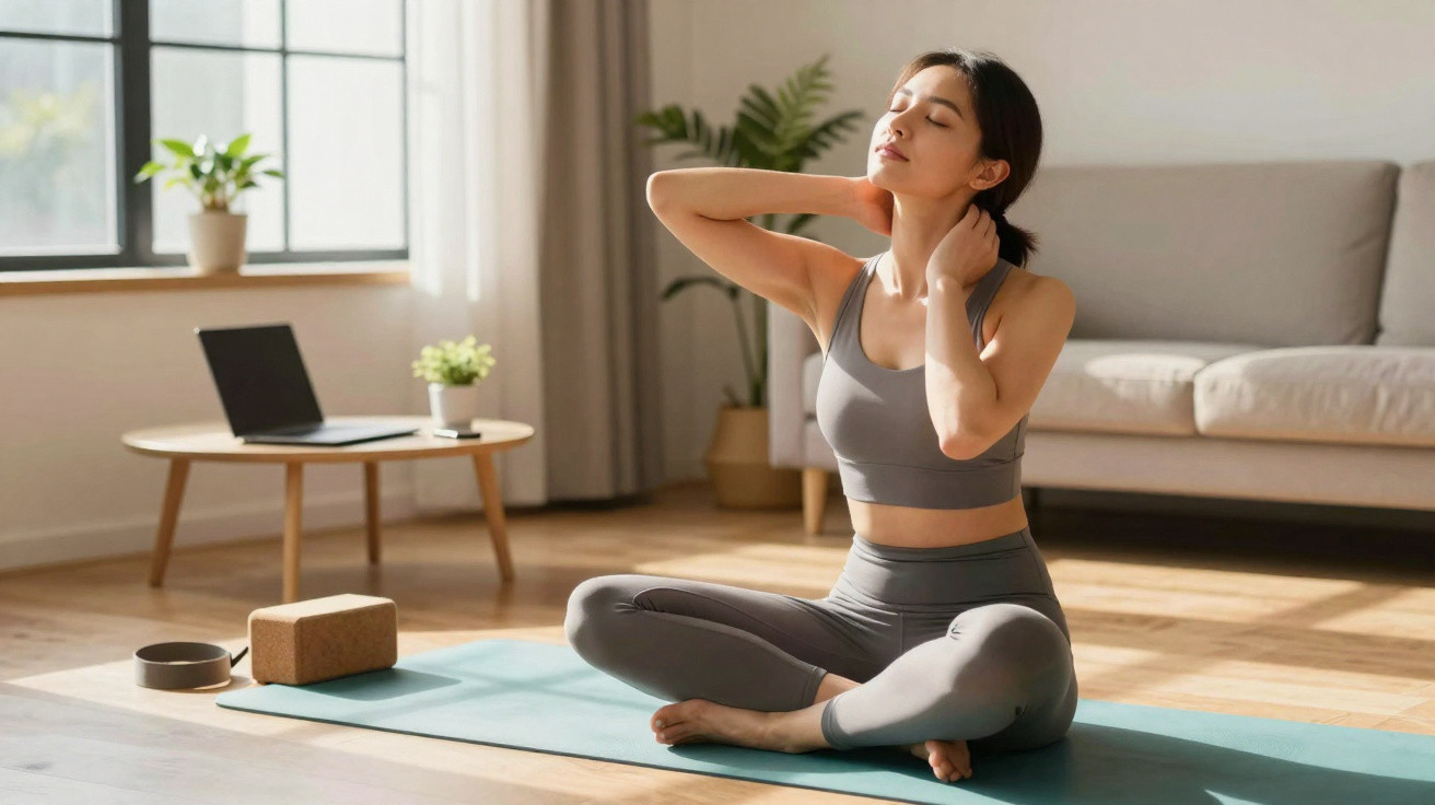 Mulher sentada em tapete de yoga numa sala iluminada, a esticar o pescoço para relaxar.