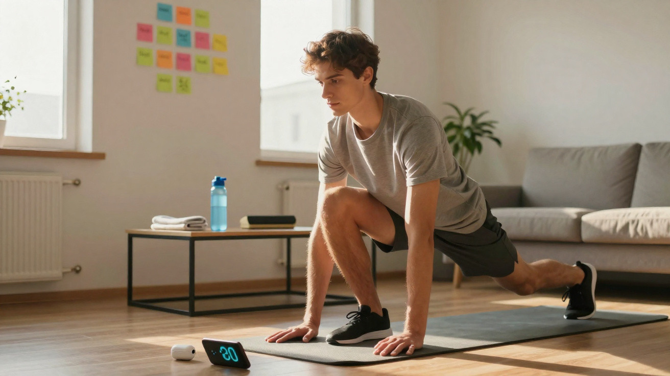 Jovem a fazer alongamentos no chão de uma sala, com relógio digital a marcar 20 segundos.