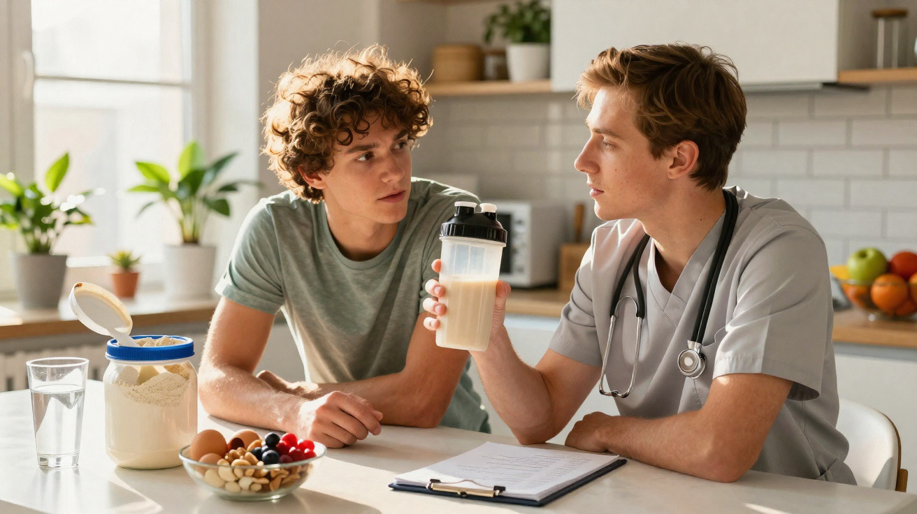 Jovem a conversar com nutricionista que segura um shake proteico numa cozinha iluminada.