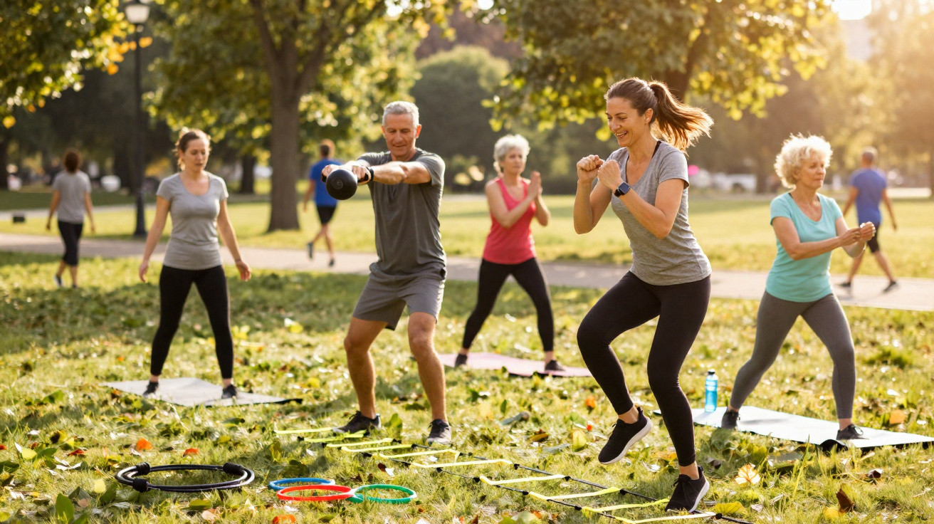 Grupo de adultos a fazer exercício físico ao ar livre num parque ensolarado.