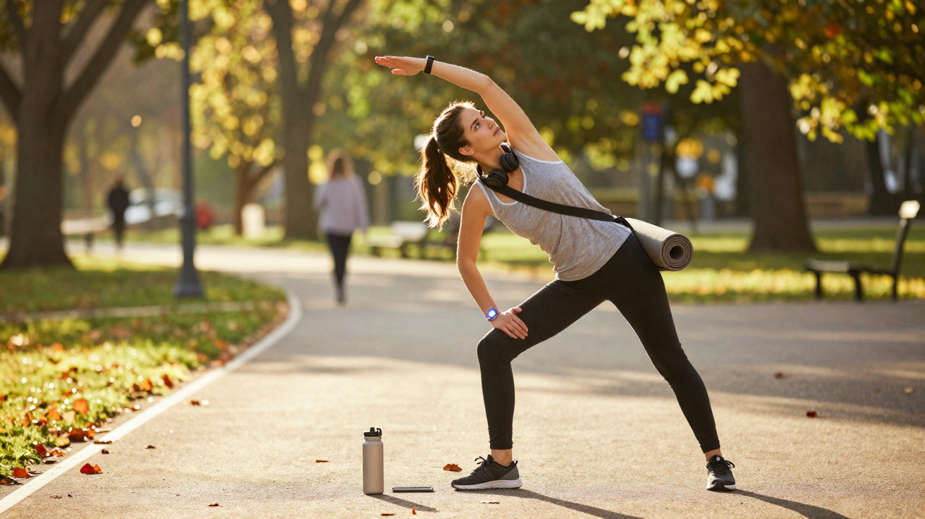 Mulher a fazer alongamentos num parque ao ar livre com tapete de yoga às costas e garrafa ao lado.