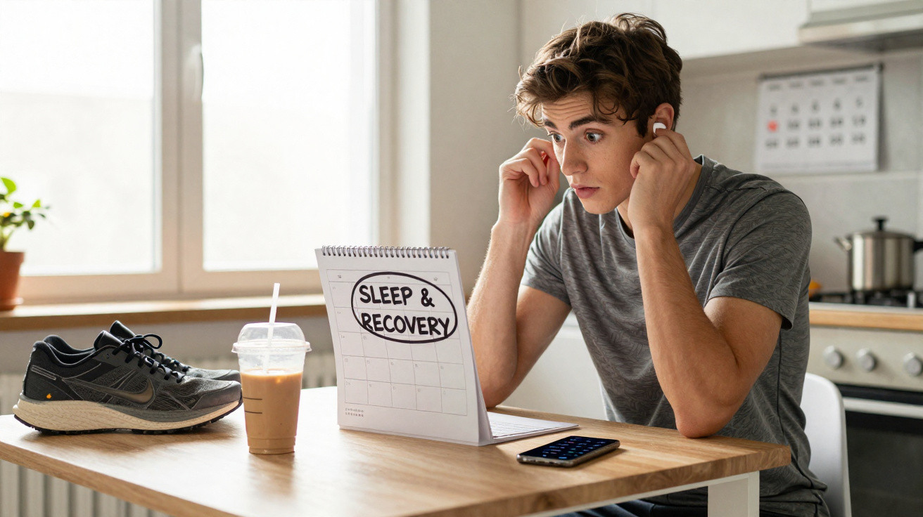 Homem jovem com auriculares a preparar rotina de descanso junto a mesa com ténis e bebida.