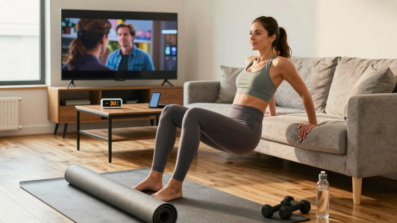 Mulher a fazer exercícios com apoio do sofá numa sala com tapete, pesos e televisão ligada.