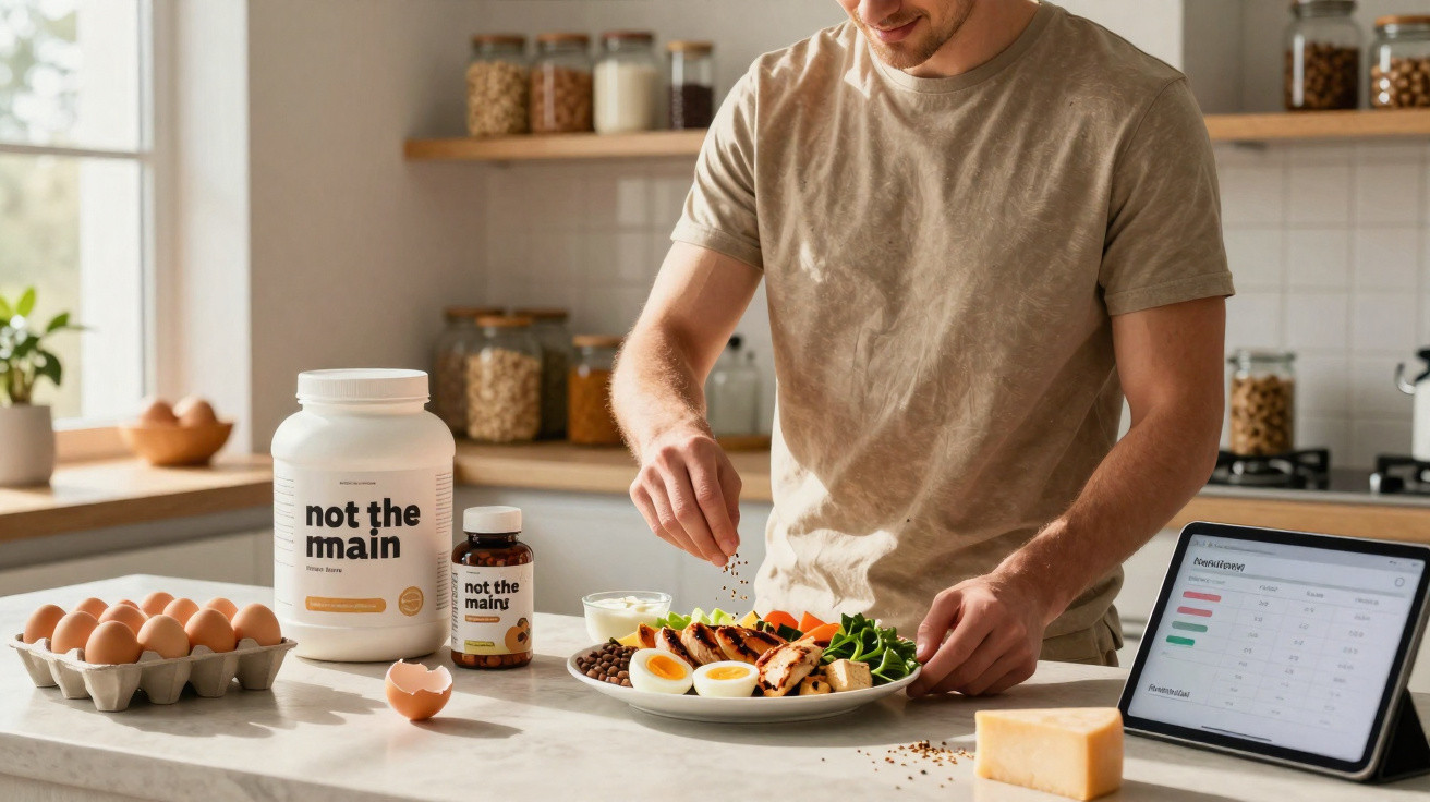 Homem a temperar salada com ovos e legumes na cozinha, com suplementos e tablet na bancada.