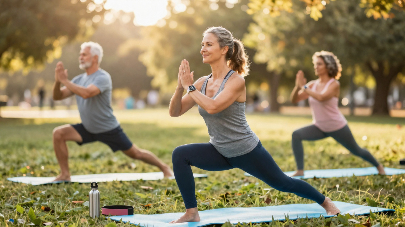 Grupo de adultos idosos a praticar yoga ao ar livre num parque ensolarado.