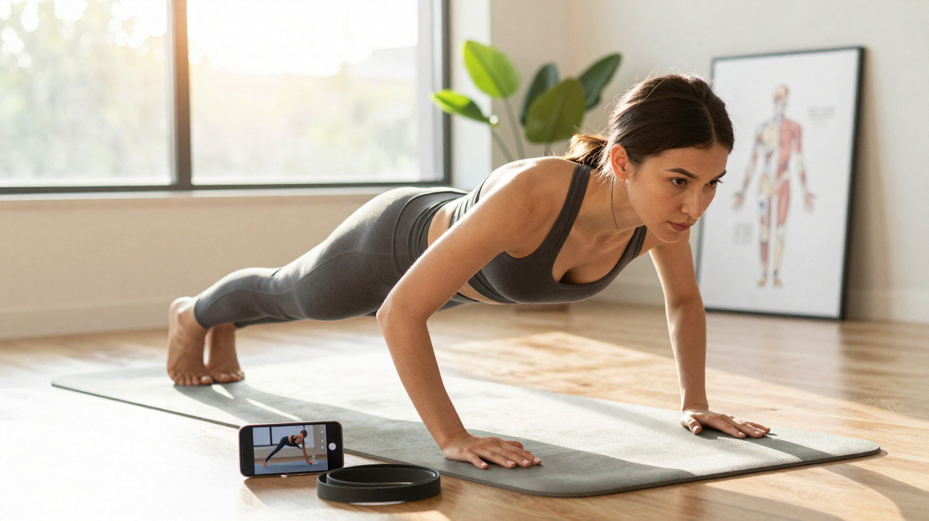 Mulher a fazer exercício da prancha num tapete de yoga, com telemóvel a gravar e planta ao fundo.