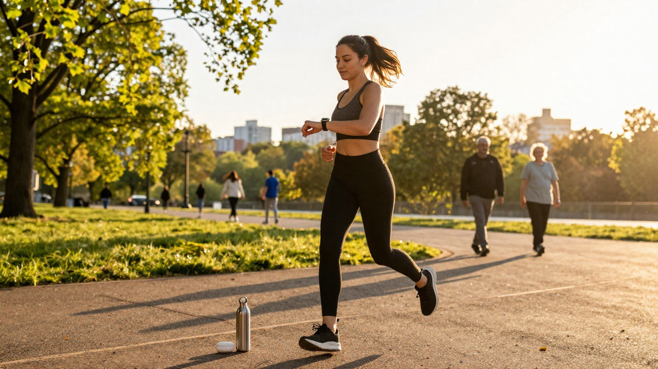 Mulher a correr num parque ao entardecer, com garrafa de água e auriculares no chão.