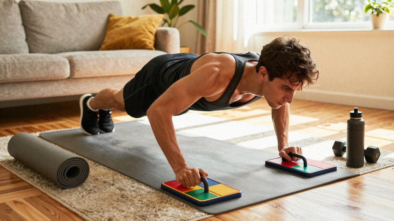 Homem a fazer flexões com apoios coloridos numa sala com luz natural e equipamento de treino.