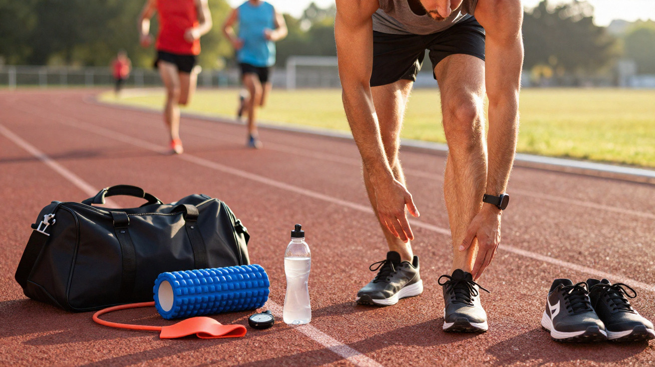 Atleta a segurar o tornozelo numa pista de corrida, com bolsa, rolo de espuma e garrafa de água no chão.