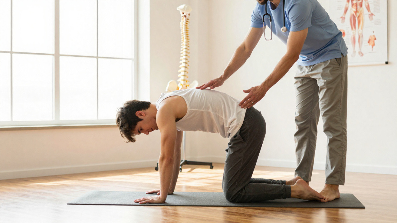 Paciente a fazer exercícios de fisioterapia com orientação de um terapeuta num consultório médico.
