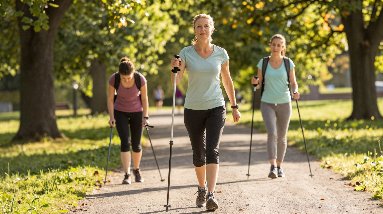 Três mulheres a caminhar com bastões de caminhada num parque ensolarado com árvores e sombra no caminho.