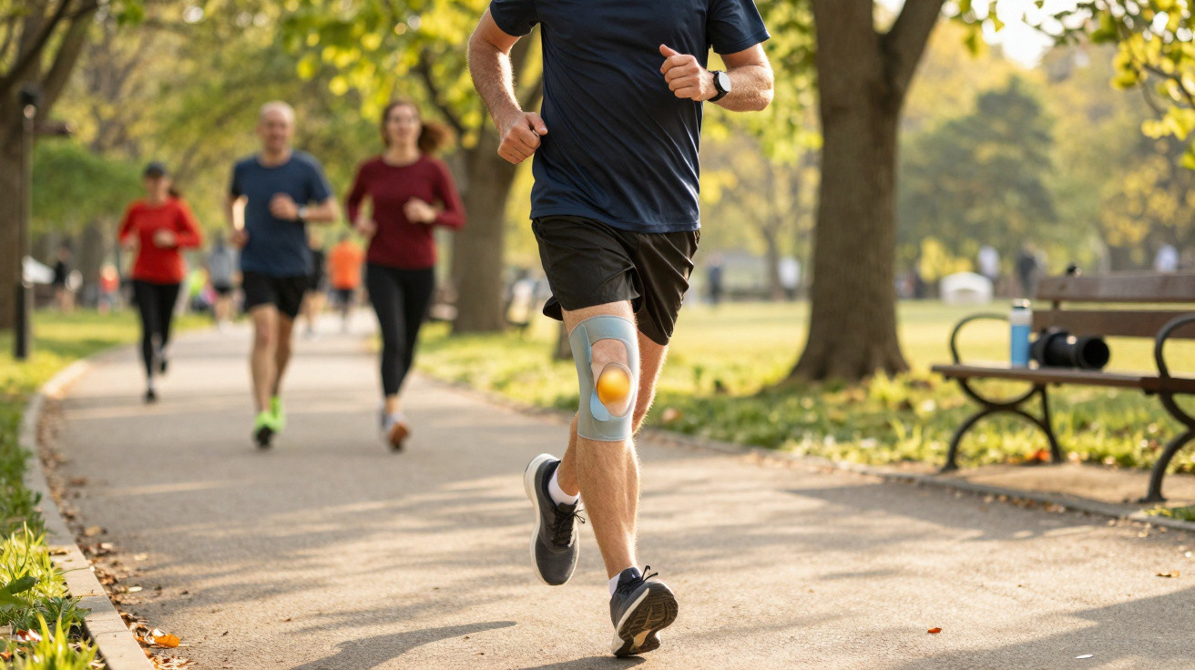 Homem a correr num parque a usar joelheira, com outras pessoas a correr ao fundo em dia soalheiro.