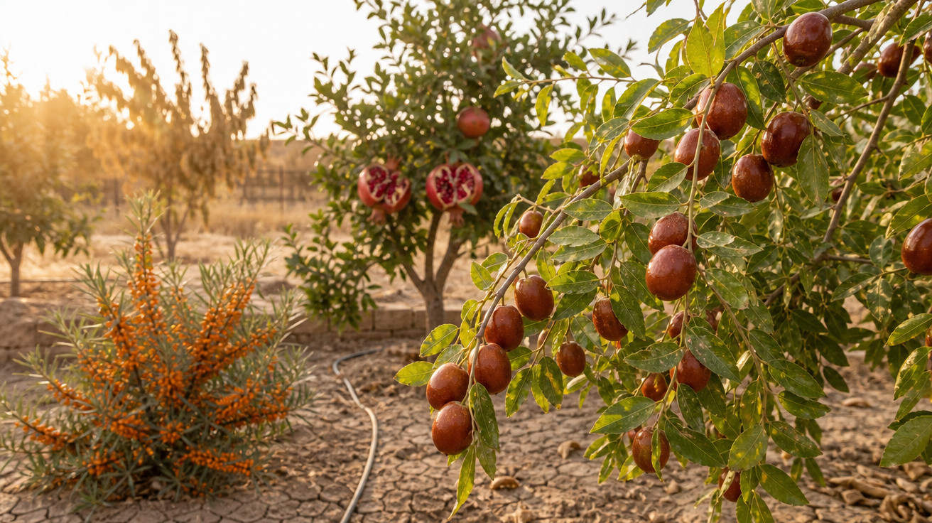 Árvore com frutos castanhos e verde folhas em terreno seco ao pôr do sol.
