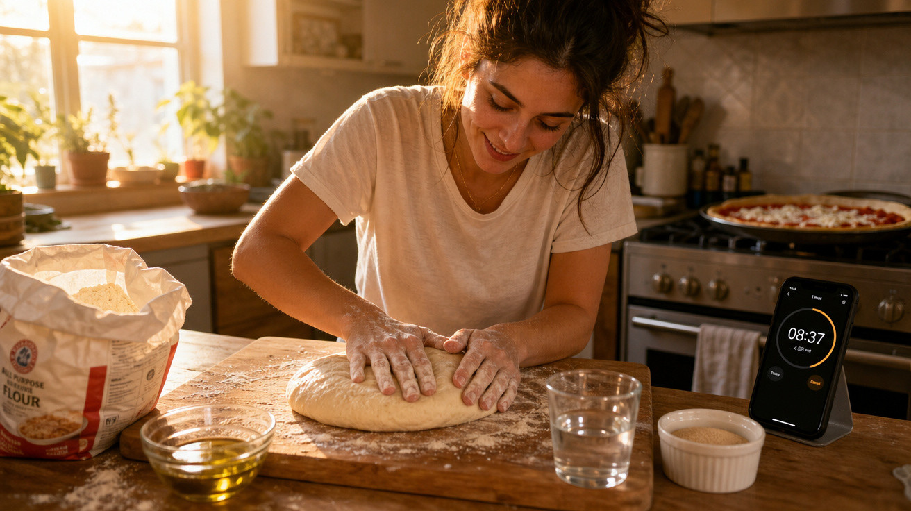 Mulher amassa massa de pão numa cozinha iluminada pelo sol da manhã, com ingredientes à volta e timer digital.