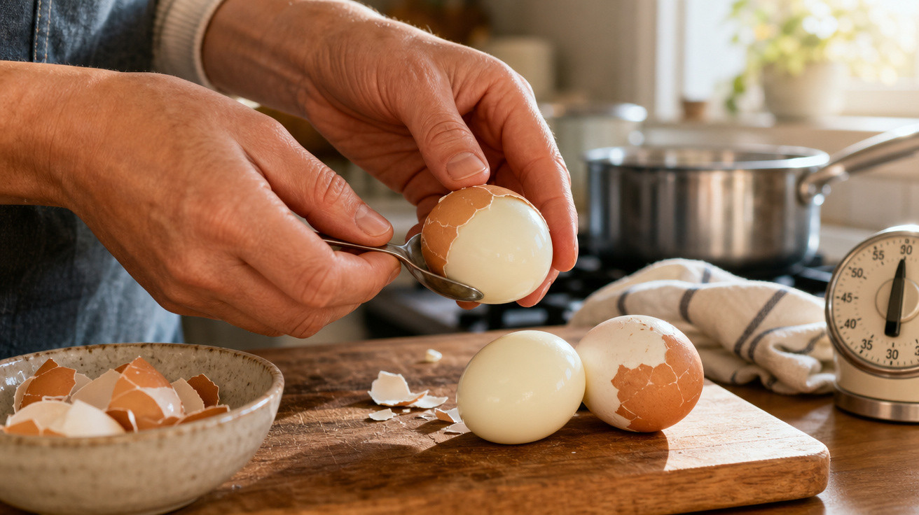 Mãos a descascar ovos cozidos sobre tábua de madeira com cascas e temporizador na cozinha.