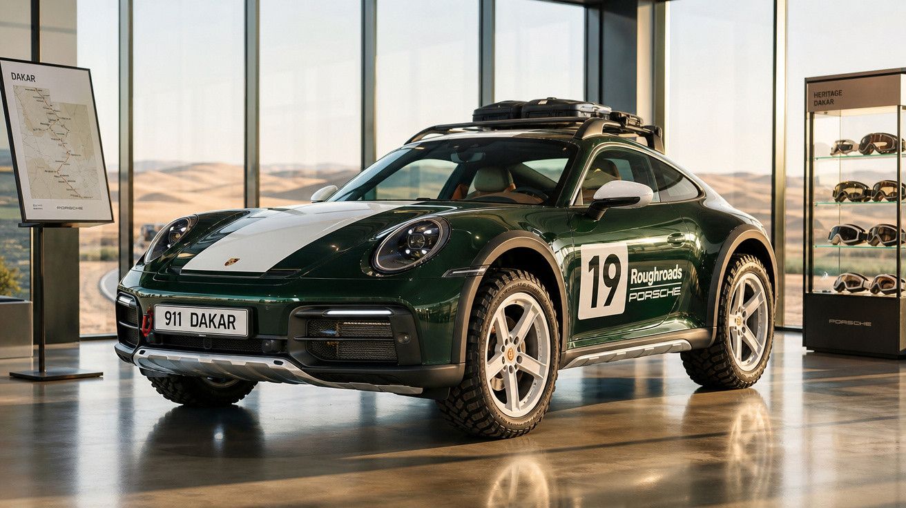 Carro Porsche 911 Dakar verde com detalhes brancos, pneus off-road e porta-bagagens, em exibição interna.