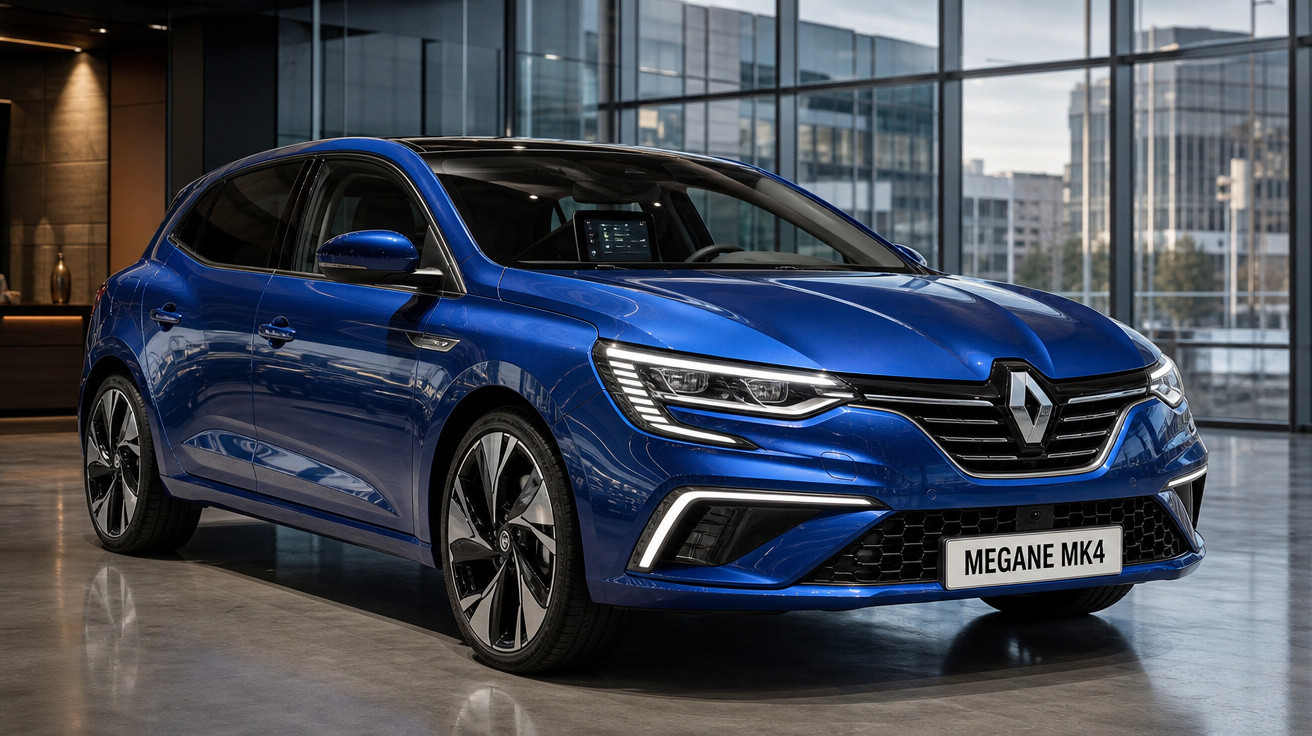 Automóvel Renault Megane MK4 azul metálico estacionado em piso interior com paredes de vidro.