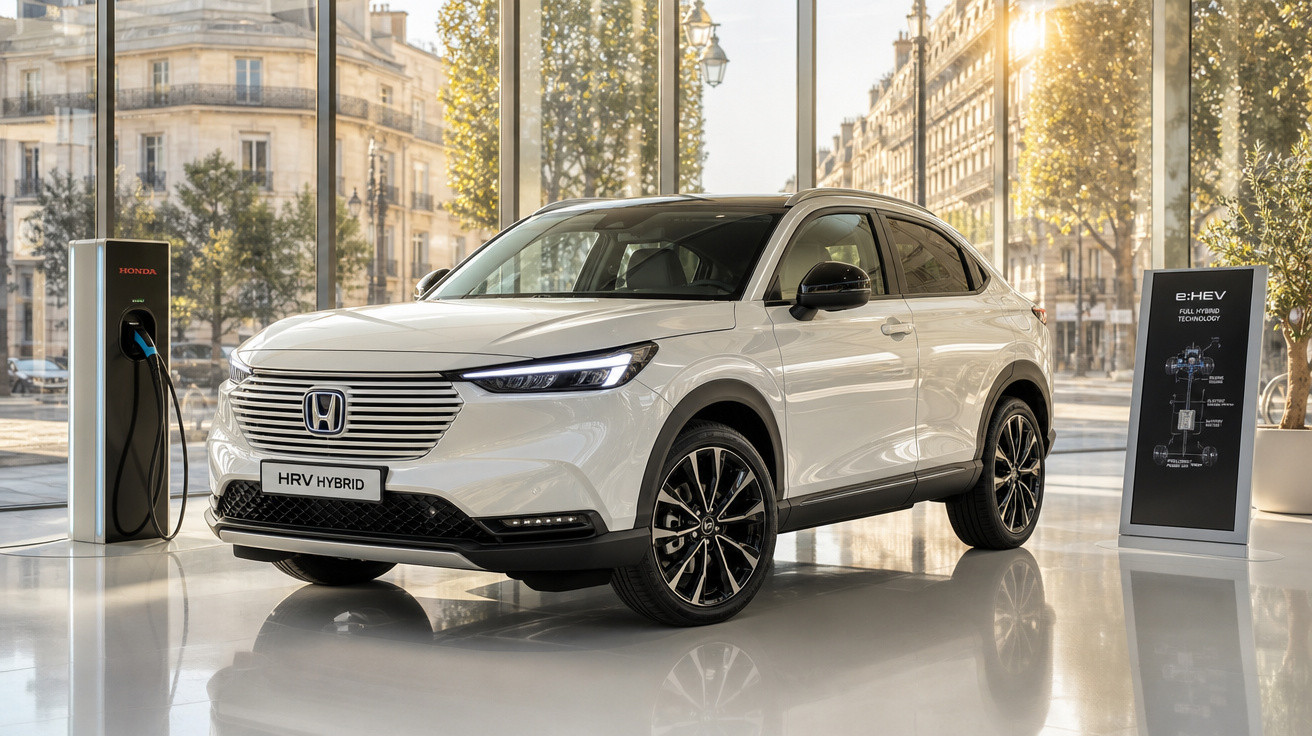 Carro eléctrico Honda HR-V Hybrid branco numa exposição com carregador e painel informativo.