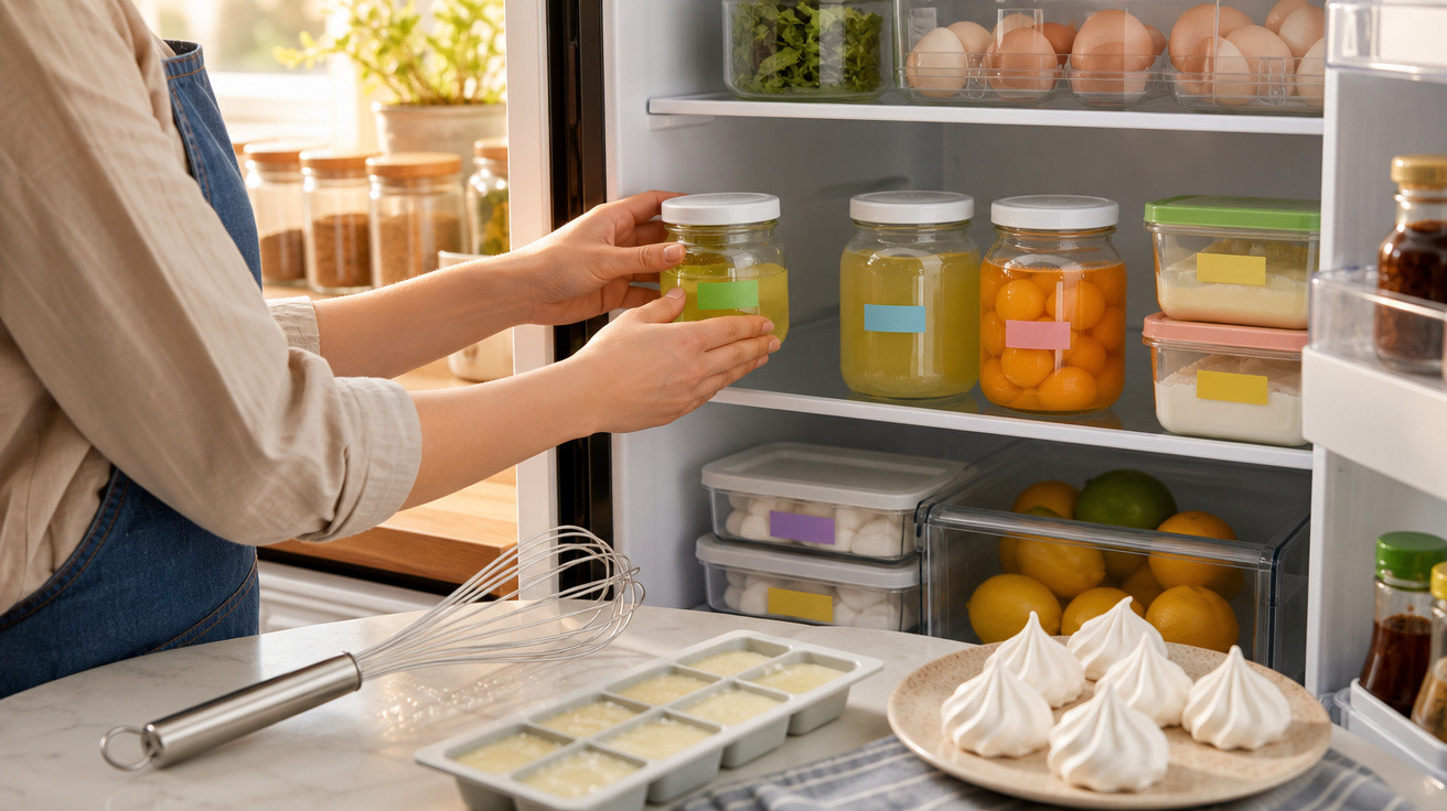 Pessoa a guardar frasco com compota no frigorífico cheio de alimentos e sobremesas numa cozinha luminosa.