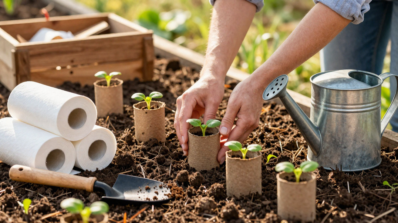 Mãos a plantar pequenas mudas em tubos biodegradáveis, terra solta, regador e ferramentas de jardinagem.