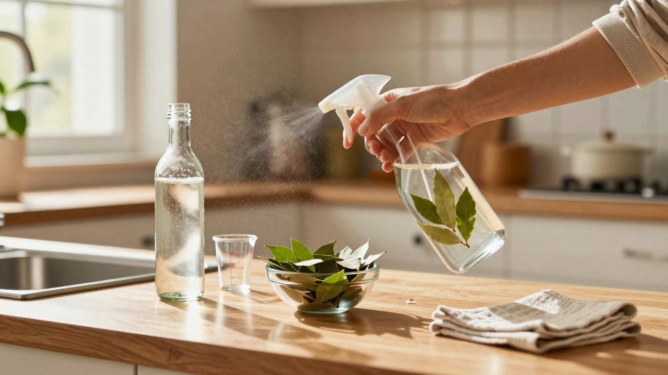 Pessoa a pulverizar garrafa com folhas de louro num balcão de cozinha com luz natural.