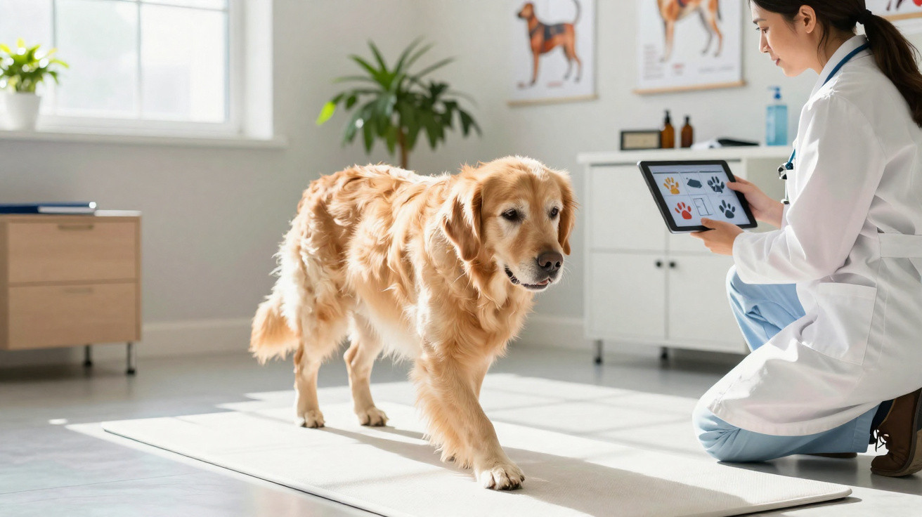 Veterinária com tablet examina cão golden retriever numa sala de consultório iluminada pelo sol.