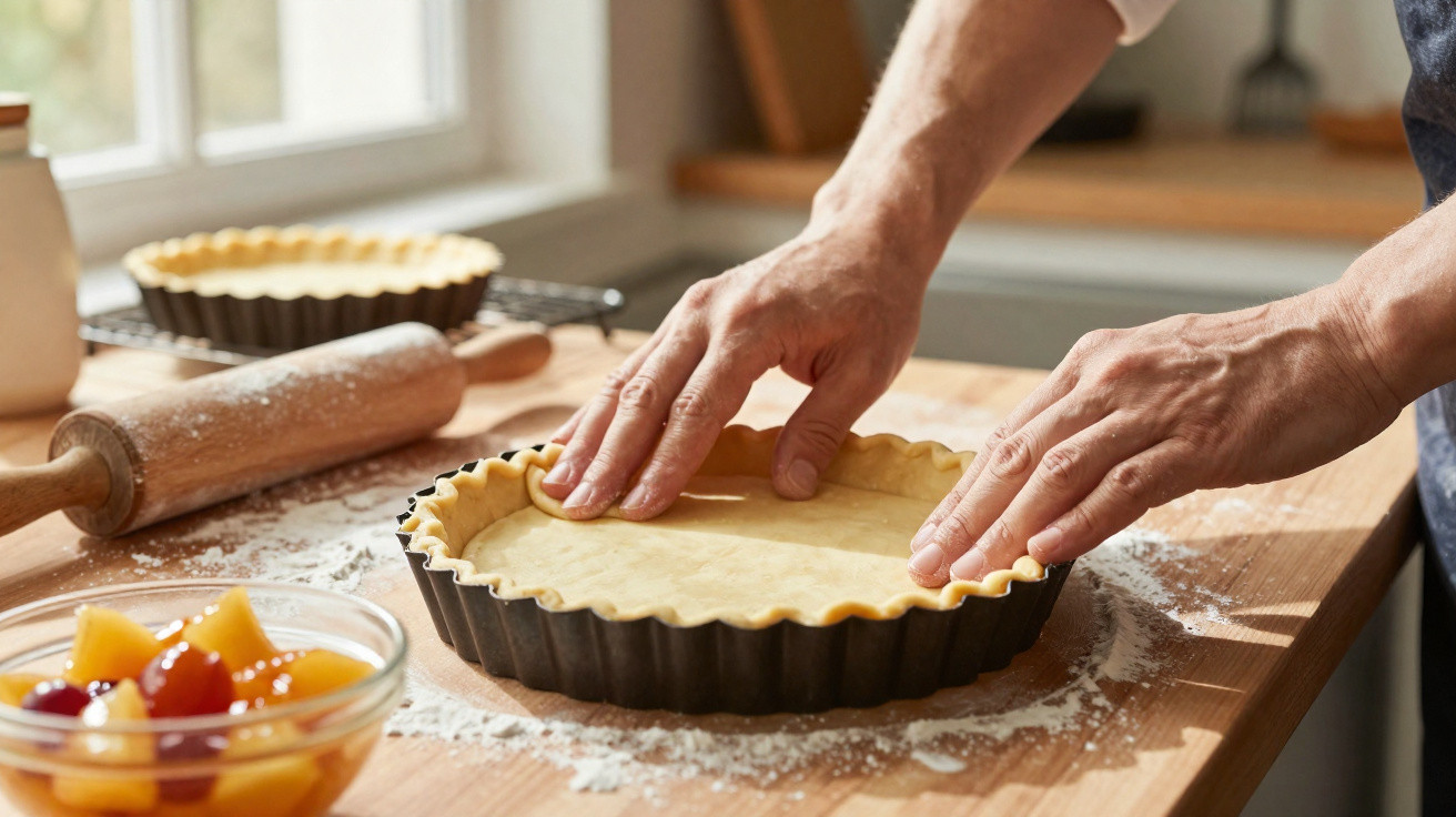 Pessoa a colocar massa numa forma para tarte numa cozinha iluminada, com frutas em taça ao lado.