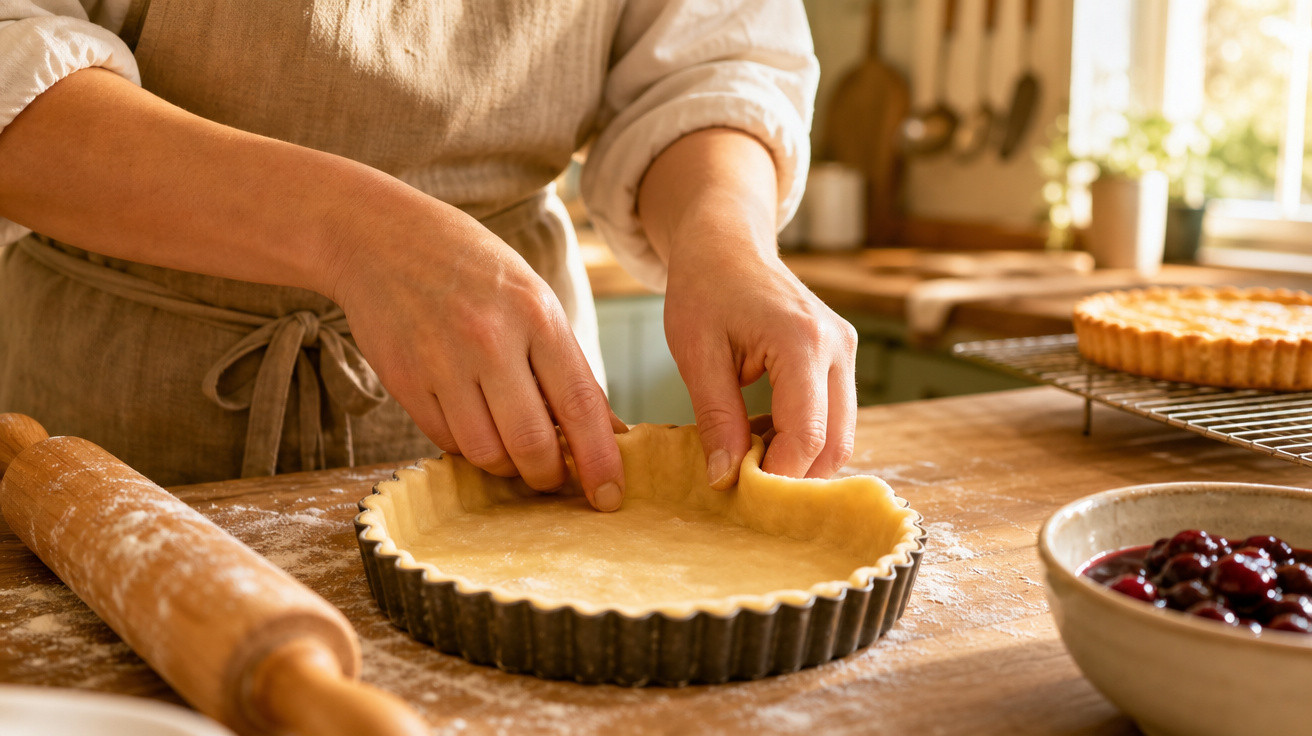 Pessoa a moldar massa numa forma para tarte numa cozinha com utensílios de pastelaria e uma tarta já feita.