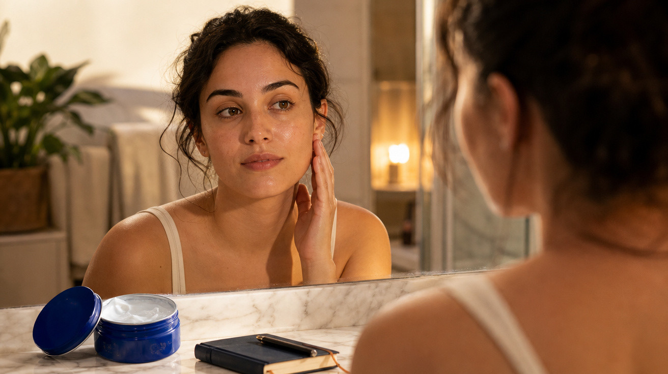 Mulher jovem a olhar para o espelho, aplicando creme facial numa casa de banho com luz suave.